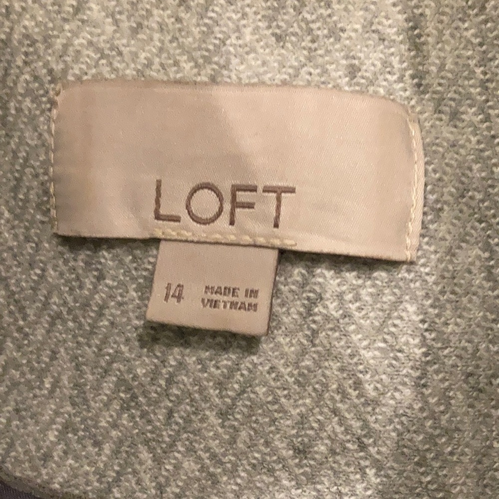 Loft herringbone blazer grey women’s size 14 suede elbow patches